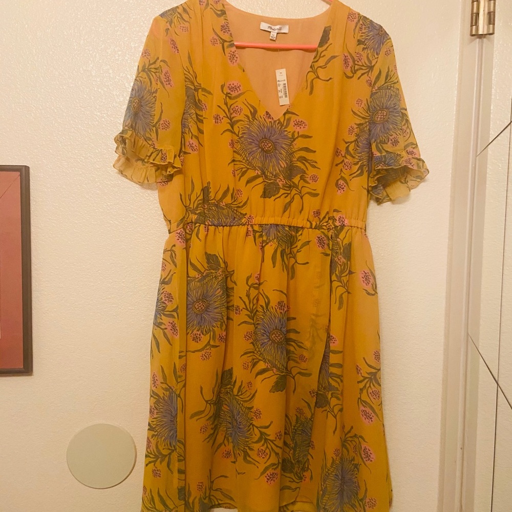 Madewell mustard floral chiffon dress NWT